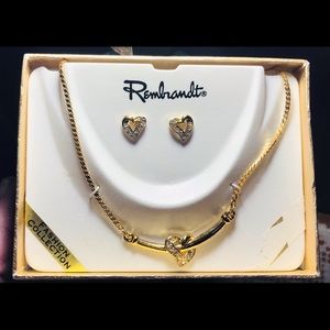 Women’s Rembrandt Fashion Jewelry, gold heart necklace & earrings w/ cz accents